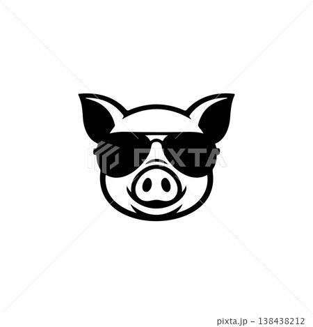 A cheerful, bold black and white vector logo of a pig's face wearing sunglasses, giving a cool, relaxed vibe. Ideal for a trendy farm, food, or lifestyle brand. A cheerful, bold black and white vector logo of a pig's face wearing sunglasses, giving a cool, relaxed vibe. Ideal for a trendy farm, food, or lifestyle brand. 138438212