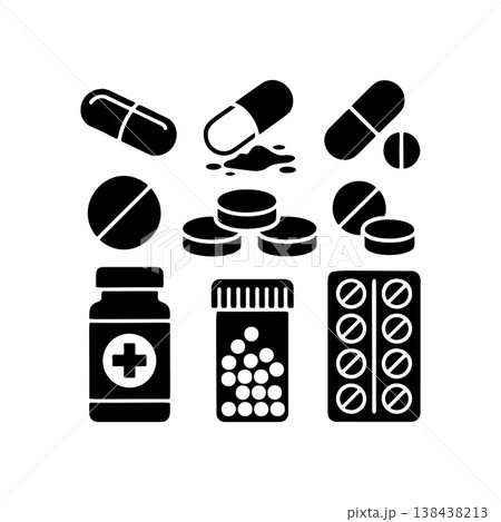 A set of black and white vector icons representing various pills, capsules, and medicine bottles, symbolizing pharmacy, healthcare, treatment, and pain relief. A set of black and white vector icons representing various pills, capsules, and medicine bottles, symbolizing pharmacy, healthcare, treatment, and pain relief. 138438213