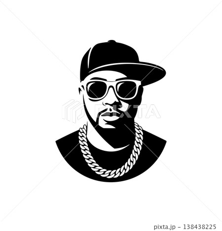 A cool black and white vector logo of a male rapper wearing a baseball cap, sunglasses, and thick gold chain, symbolizing hip-hop culture and music. A cool black and white vector logo of a male rapper wearing a baseball cap, sunglasses, and thick gold chain, symbolizing hip-hop culture and music. 138438225