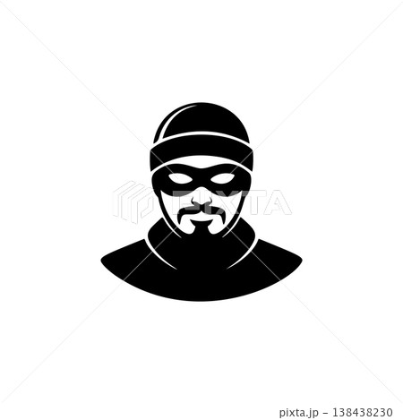 A black and white vector icon of a man in a beanie and mask, with a beard/mustache, symbolizing a robber, thief, or criminal activity and danger. A black and white vector icon of a man in a beanie and mask, with a beard/mustache, symbolizing a robber, thief, or criminal activity and danger. 138438230