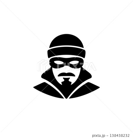 A black and white vector icon of a man in a beanie and mask, with a beard/mustache, symbolizing a robber, thief, or criminal activity and danger. A black and white vector icon of a man in a beanie and mask, with a beard/mustache, symbolizing a robber, thief, or criminal activity and danger. 138438232