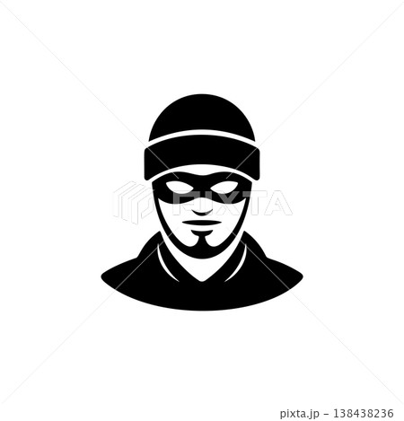 A black and white vector icon of a man in a beanie and mask, with a beard/mustache, symbolizing a robber, thief, or criminal activity and danger. A black and white vector icon of a man in a beanie and mask, with a beard/mustache, symbolizing a robber, thief, or criminal activity and danger. 138438236