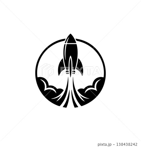 A bold black and white vector logo of a rocket launching with smoke plumes, set inside a circle, symbolizing startup, innovation, speed, and success. A bold black and white vector logo of a rocket launching with smoke plumes, set inside a circle, symbolizing startup, innovation, speed, and success. 138438242