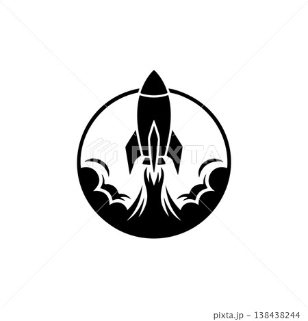 A bold black and white vector logo of a rocket launching with smoke plumes, set inside a circle, symbolizing startup, innovation, speed, and success. 138438244