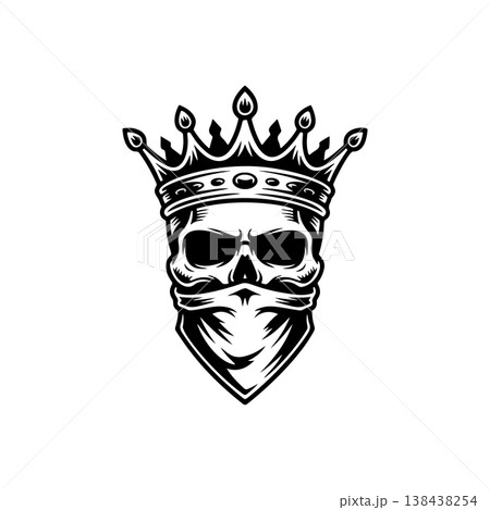 A fierce black and white vector logo of a human skull wearing a royal crown and a bandanna covering the lower face, symbolizing rebellious royalty or power. 138438254
