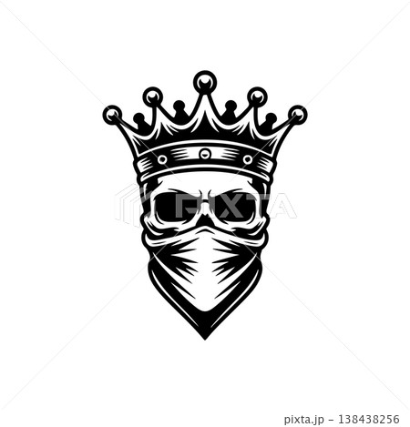 A fierce black and white vector logo of a human skull wearing a royal crown and a bandanna covering the lower face, symbolizing rebellious royalty or power. 138438256