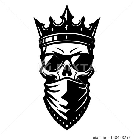 A fierce black and white vector logo of a human skull wearing a royal crown and a bandanna covering the lower face, symbolizing rebellious royalty or power. 138438258