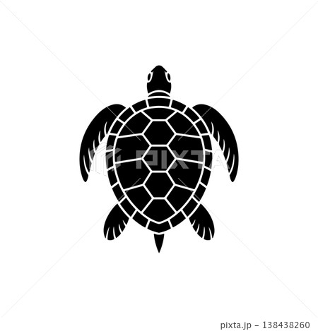 A striking black and white vector icon of a sea turtle viewed from above, featuring a hexagonal pattern on its shell, symbolizing nature, slow movement, and conservation. A striking black and white vector icon of a sea turtle viewed from above, featuring a hexagonal pattern on its shell, symbolizing nature, slow movement, and conservation. 138438260