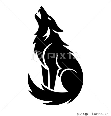 A striking black and white vector logo of a wolf howling upwards while seated, symbolizing freedom, nature, wilderness, and the pack spirit. 138438272
