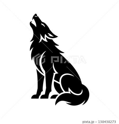 A striking black and white vector logo of a wolf howling upwards while seated, symbolizing freedom, nature, wilderness, and the pack spirit. 138438273