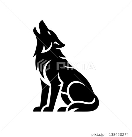 A striking black and white vector logo of a wolf howling upwards while seated, symbolizing freedom, nature, wilderness, and the pack spirit. 138438274