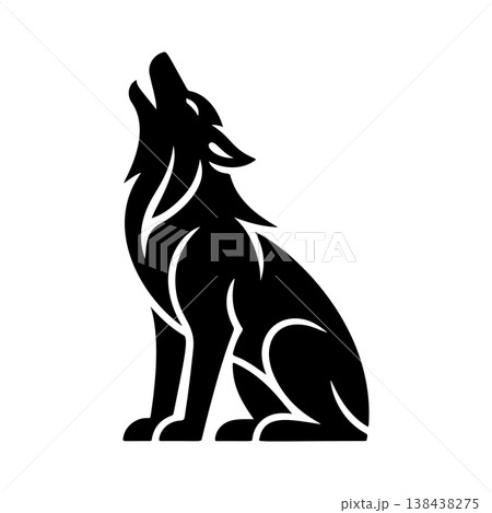 A striking black and white vector logo of a wolf howling upwards while seated, symbolizing freedom, nature, wilderness, and the pack spirit. 138438275