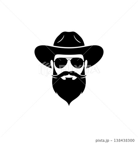 A cool black and white vector logo of a bearded cowboy wearing a wide-brimmed hat and aviator sunglasses, symbolizing the Wild West, style, and adventure. 138438300