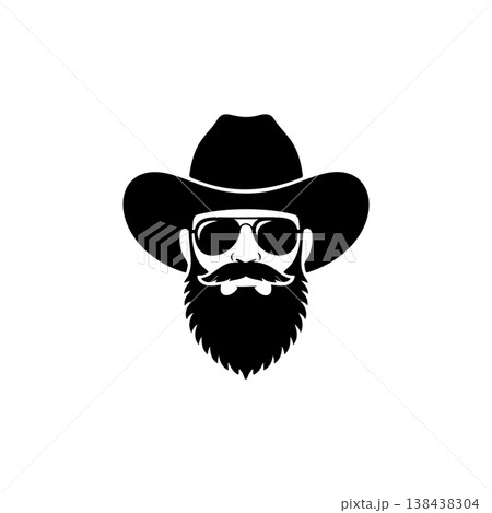 A cool black and white vector logo of a bearded cowboy wearing a wide-brimmed hat and aviator sunglasses, symbolizing the Wild West, style, and adventure. 138438304