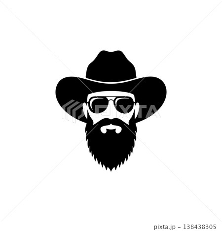A cool black and white vector logo of a bearded cowboy wearing a wide-brimmed hat and aviator sunglasses, symbolizing the Wild West, style, and adventure. A cool black and white vector logo of a bearded cowboy wearing a wide-brimmed hat and aviator sunglasses, symbolizing the Wild West, style, and adventure. 138438305