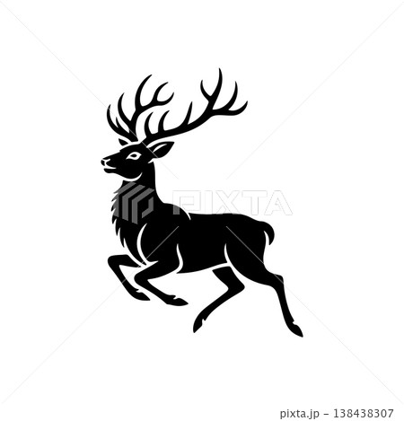 A majestic black and white vector logo of a male deer or stag leaping, showcasing large antlers, ideal for a brand representing nobility, nature, or hunting. A majestic black and white vector logo of a male deer or stag leaping, showcasing large antlers, ideal for a brand representing nobility, nature, or hunting. 138438307