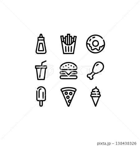 A set of nine bold black and white outline vector icons representing popular fast food items like a burger, fries, pizza slice, donut, and soft serve ice cream. A set of nine bold black and white outline vector icons representing popular fast food items like a burger, fries, pizza slice, donut, and soft serve ice cream. 138438326