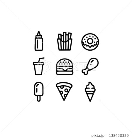 A set of nine bold black and white outline vector icons representing popular fast food items like a burger, fries, pizza slice, donut, and soft serve ice cream. 138438329