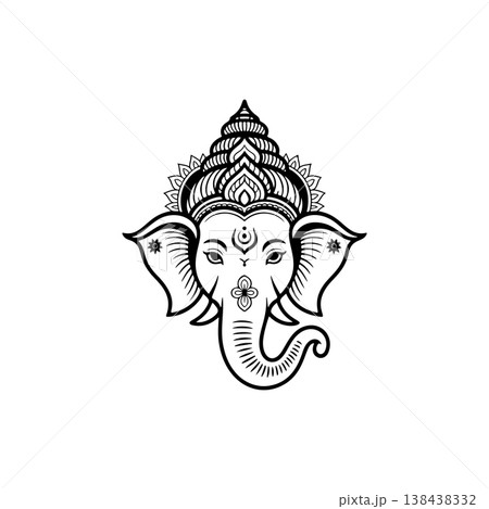 A detailed black and white vector outline of the Hindu deity Ganesha's head, adorned with an ornate crown, symbolizing wisdom, good fortune, and success. A detailed black and white vector outline of the Hindu deity Ganesha's head, adorned with an ornate crown, symbolizing wisdom, good fortune, and success. 138438332