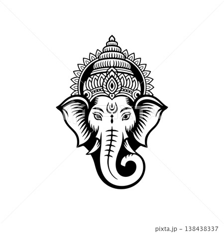 A detailed black and white vector outline of the Hindu deity Ganesha's head, adorned with an ornate crown, symbolizing wisdom, good fortune, and success. 138438337