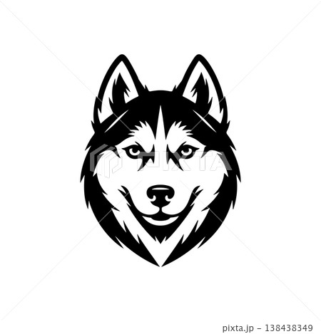 A bold black and white vector logo of a Siberian Husky or wolf's head, symbolizing loyalty, endurance, arctic wildlife, and pack mentality. 138438349