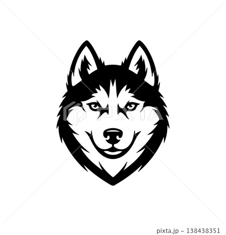 A bold black and white vector logo of a Siberian Husky or wolf's head, symbolizing loyalty, endurance, arctic wildlife, and pack mentality. 138438351