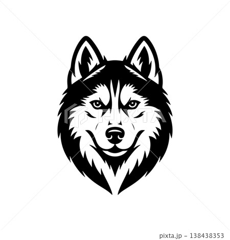 A bold black and white vector logo of a Siberian Husky or wolf's head, symbolizing loyalty, endurance, arctic wildlife, and pack mentality. 138438353