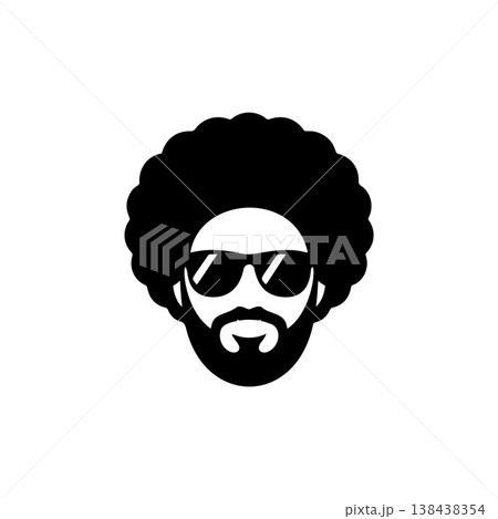 A cool black and white vector logo of a man's head with a large afro haircut, beard, and aviator sunglasses, symbolizing retro style, music, and coolness. A cool black and white vector logo of a man's head with a large afro haircut, beard, and aviator sunglasses, symbolizing retro style, music, and coolness. 138438354