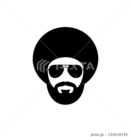 A cool black and white vector logo of a man's head with a large afro haircut, beard, and aviator sunglasses, symbolizing retro style, music, and coolness. A cool black and white vector logo of a man's head with a large afro haircut, beard, and aviator sunglasses, symbolizing retro style, music, and coolness. 138438356