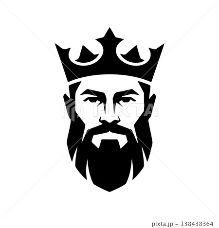 A profile black and white vector logo of a strong, bearded king wearing a royal crown, symbolizing monarchy, authority, power, and high status. A profile black and white vector logo of a strong, bearded king wearing a royal crown, symbolizing monarchy, authority, power, and high status. 138438364