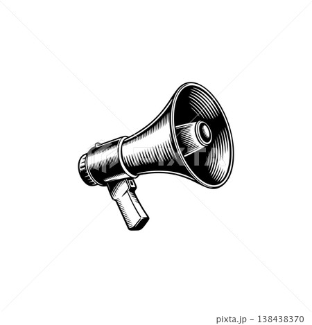 A retro-style, black and white vector graphic of a megaphone or bullhorn, symbolizing communication, protest, announcement, attention, and urgency. A retro-style, black and white vector graphic of a megaphone or bullhorn, symbolizing communication, protest, announcement, attention, and urgency. 138438370