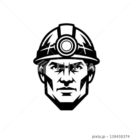 A strong black and white vector logo of a focused miner or construction worker wearing a hard hat with a headlamp, symbolizing hard work and industry. 138438374