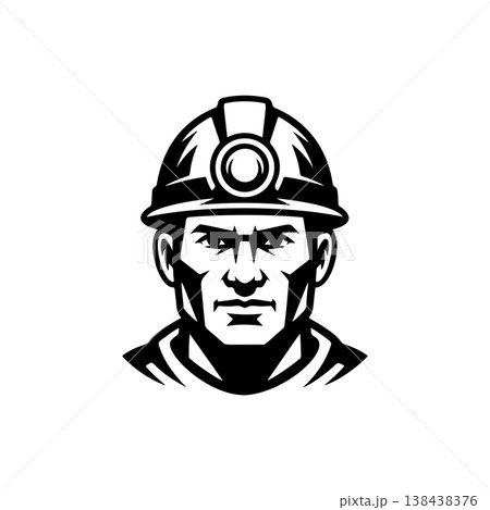 A strong black and white vector logo of a focused miner or construction worker wearing a hard hat with a headlamp, symbolizing hard work and industry. 138438376