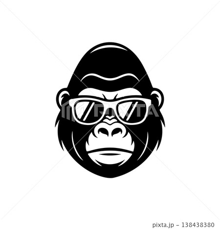A cool, bold black and white vector logo of a gorilla or monkey's face wearing sunglasses, ideal for a contemporary brand, music label, or trendy apparel design. A cool, bold black and white vector logo of a gorilla or monkey's face wearing sunglasses, ideal for a contemporary brand, music label, or trendy apparel design. 138438380