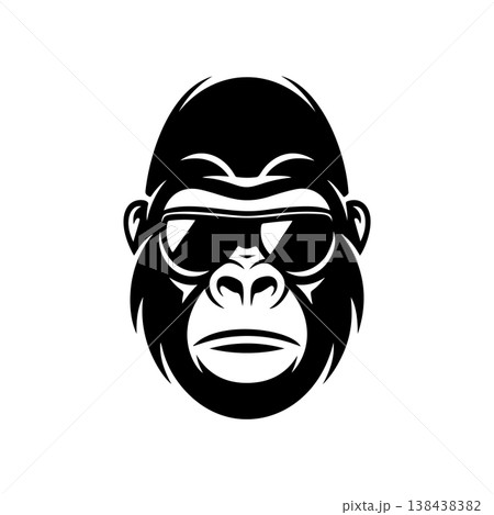 A cool, bold black and white vector logo of a gorilla or monkey's face wearing sunglasses, ideal for a contemporary brand, music label, or trendy apparel design. A cool, bold black and white vector logo of a gorilla or monkey's face wearing sunglasses, ideal for a contemporary brand, music label, or trendy apparel design. 138438382