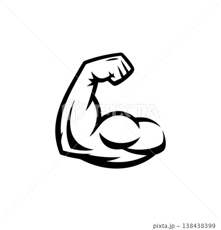A strong black and white vector logo of a flexing bicep and clenched fist, symbolizing strength, fitness, power, and muscle growth. 138438399