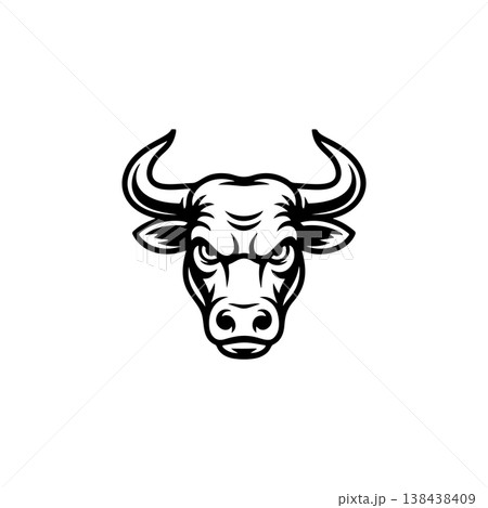 A fierce black and white vector logo of a bull or buffalo head with large horns, symbolizing strength, aggression, power, and a dominant force. 138438409