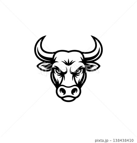 A fierce black and white vector logo of a bull or buffalo head with large horns, symbolizing strength, aggression, power, and a dominant force. A fierce black and white vector logo of a bull or buffalo head with large horns, symbolizing strength, aggression, power, and a dominant force. 138438410