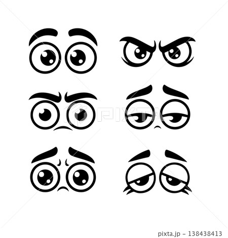 A set of six black and white cartoon eye expressions (happy, angry, sad, tired), ideal for animating characters, expressing emotion, or graphic design elements. 138438413