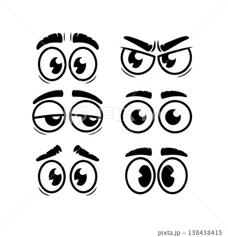 A set of six black and white cartoon eye expressions (happy, angry, sad, tired), ideal for animating characters, expressing emotion, or graphic design elements. A set of six black and white cartoon eye expressions (happy, angry, sad, tired), ideal for animating characters, expressing emotion, or graphic design elements. 138438415