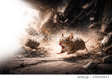 A frightened mouse runs among falling debris and dust. Space for text. 138438431