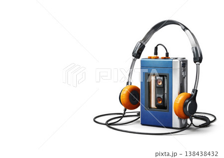Cassette player with headphones on a light background. Space for text. Cassette player with headphones on a light background. Space for text. 138438432