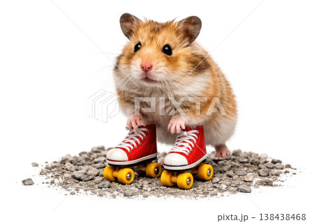 Hamster in red roller skates on the rocks. Hamster in red roller skates on the rocks. 138438468