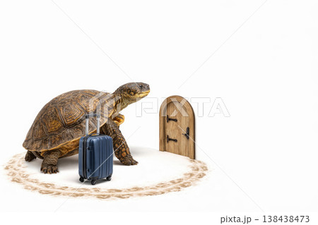 A turtle with a suitcase in front of a small wooden door. Space for text. A turtle with a suitcase in front of a small wooden door. Space for text. 138438473