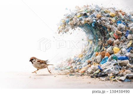 A sparrow next to a wave of plastic debris. Space for text. A sparrow next to a wave of plastic debris. Space for text. 138438490