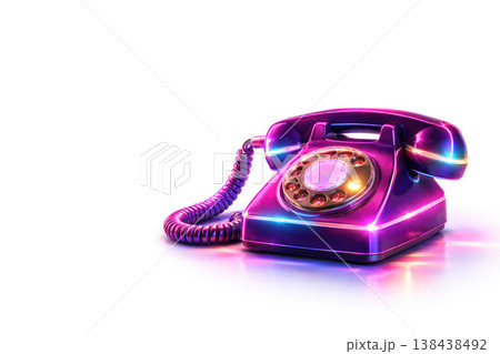 Retro rotary phone with neon glow on white background. Space for text. Retro rotary phone with neon glow on white background. Space for text. 138438492