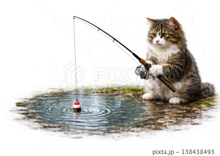 A cat with a fishing rod by a puddle in the rain. Space for text. A cat with a fishing rod by a puddle in the rain. Space for text. 138438493