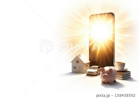 A smartphone with a shiny screen, a house, a car, and a piggy bank. Space for text. 138438502