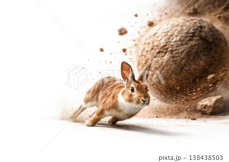 The rabbit runs away from the rolling stone ball. Space for text. 138438503