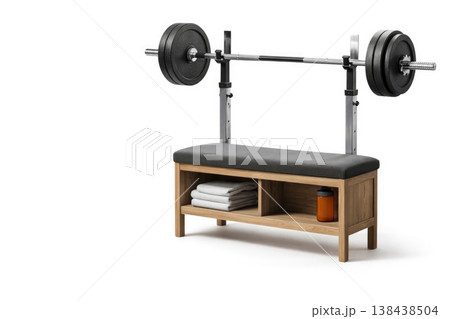 Press bench with barbell and towels on a white background. Space for text. Press bench with barbell and towels on a white background. Space for text. 138438504